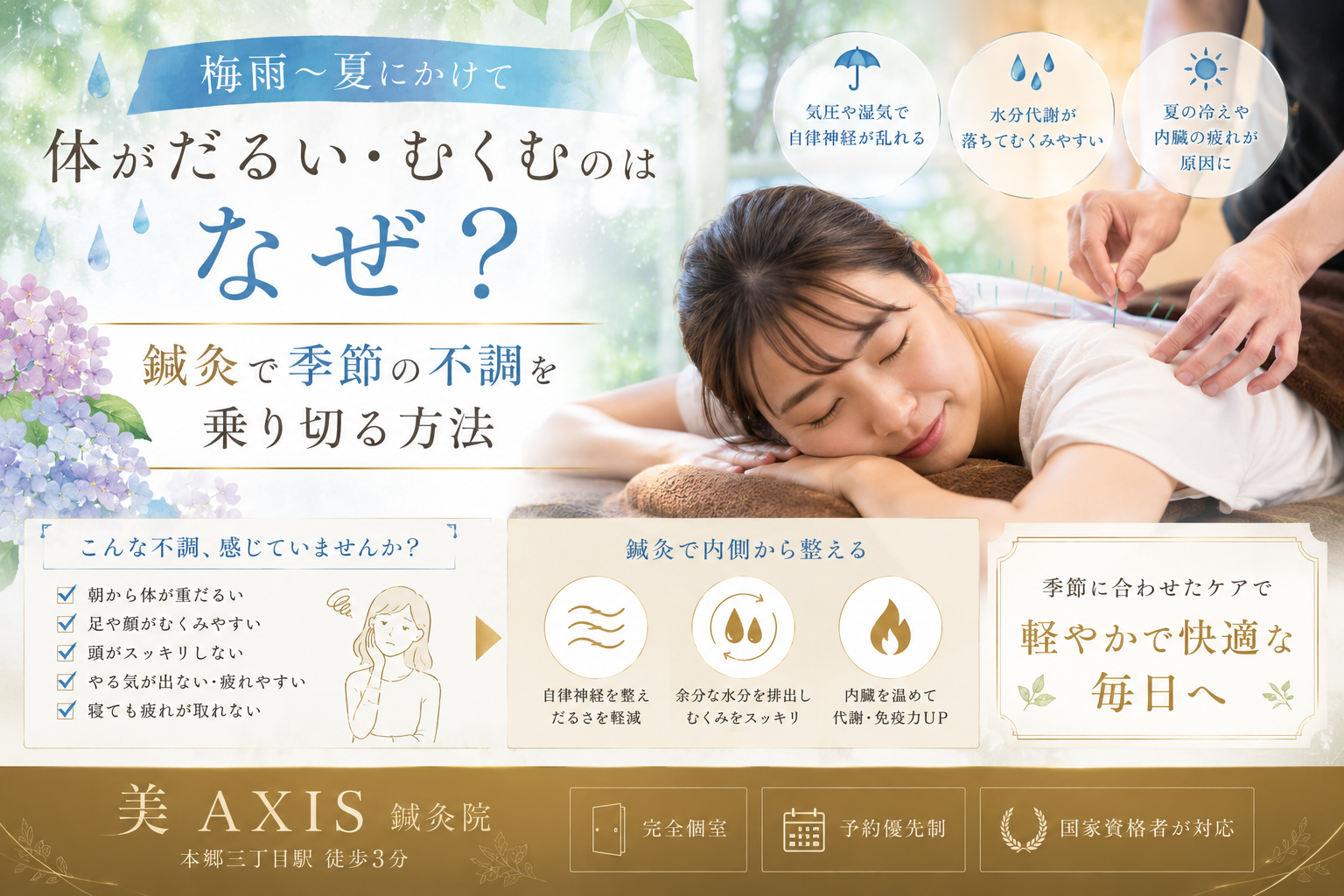 梅雨〜夏にかけて体がだるい・むくむのはなぜ？鍼灸で季節の不調を乗り切る方法【本郷三丁目・美AXIS鍼灸院】