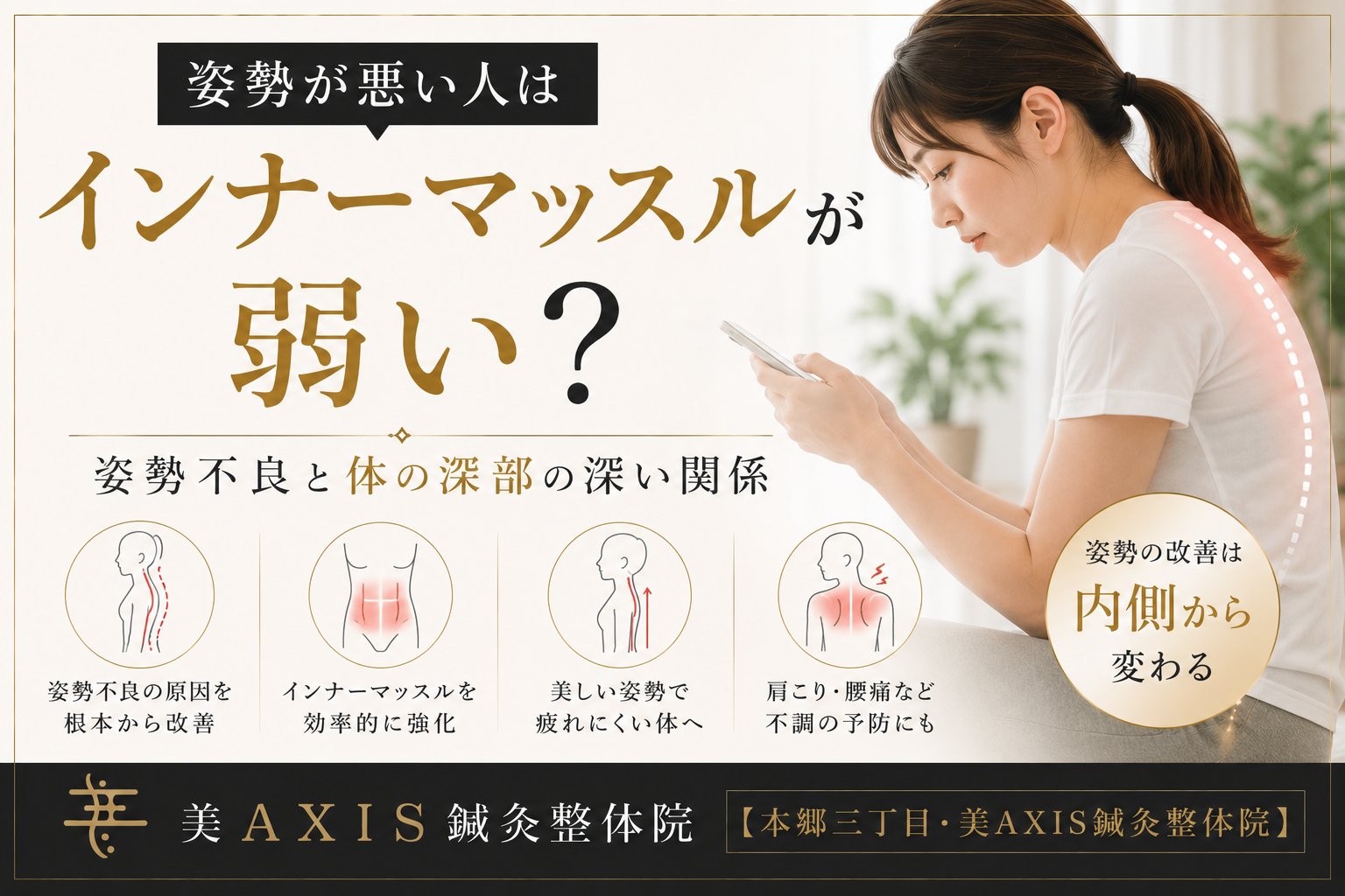 姿勢が悪い人はインナーマッスルが弱い？姿勢不良と体の深部の深い関係【本郷三丁目・美AXIS鍼灸整体院】